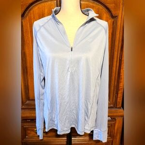 Zelos, 3/4 zip pullover, has thumb holes, is a blue/gray color, worn a few times